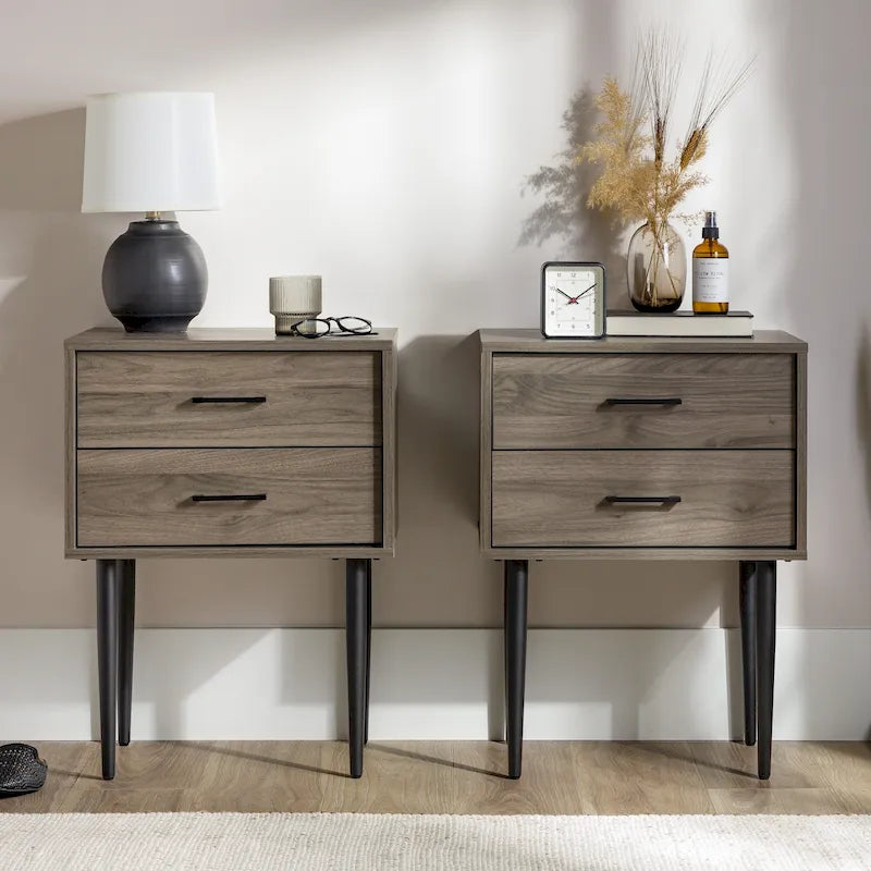 Mid-Century Modern 2-Drawer Nightstand with Tapered Metal Legs in Grey Black White Walnut