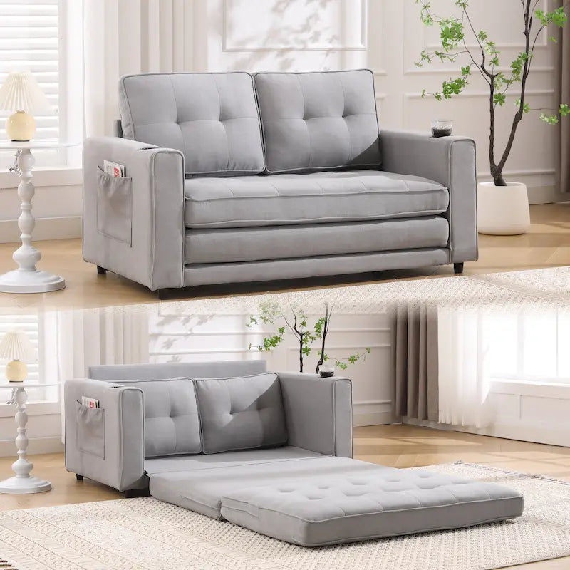Tufted Folding Loveseat Sleeper Sofa with Side Pockets and Foam Cushions