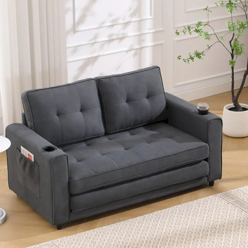 Tufted Folding Loveseat Sleeper Sofa with Side Pockets and Foam Cushions