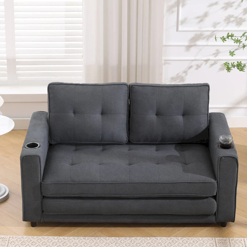 Tufted Folding Loveseat Sleeper Sofa with Side Pockets and Foam Cushions
