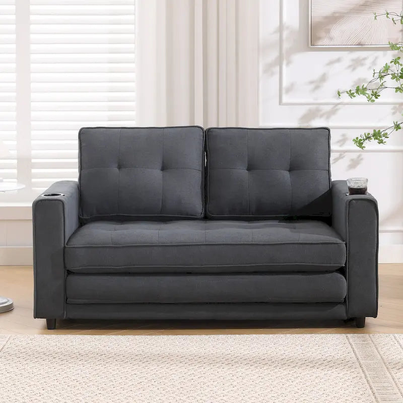 Tufted Folding Loveseat Sleeper Sofa with Side Pockets and Foam Cushions