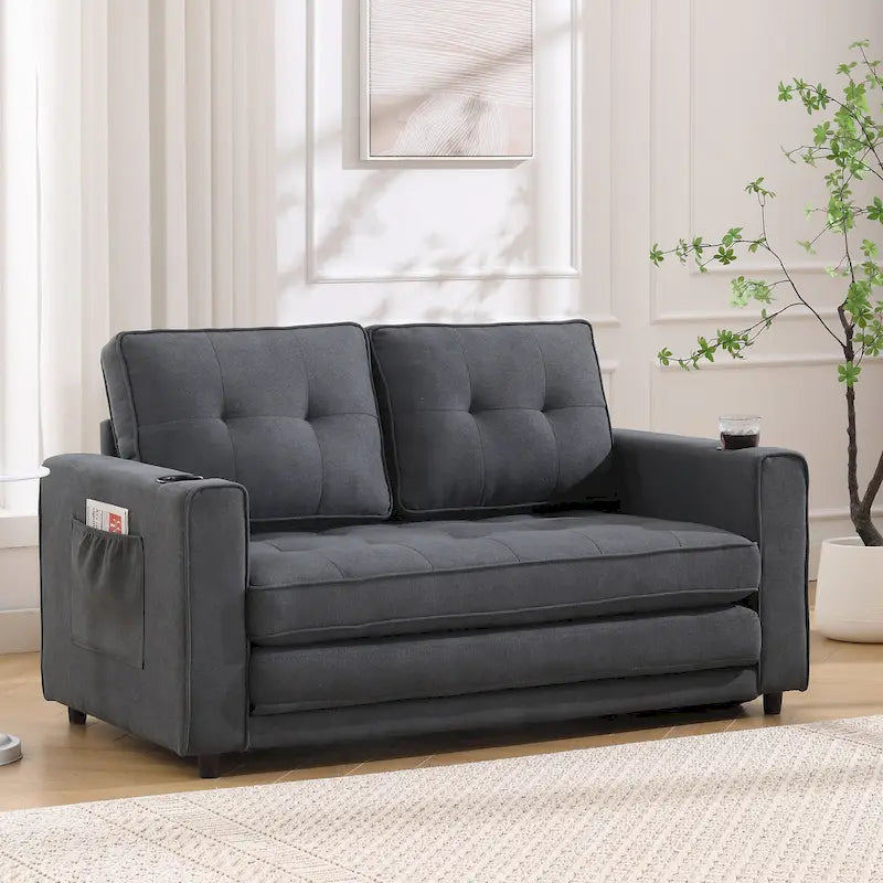 Tufted Folding Loveseat Sleeper Sofa with Side Pockets and Foam Cushions