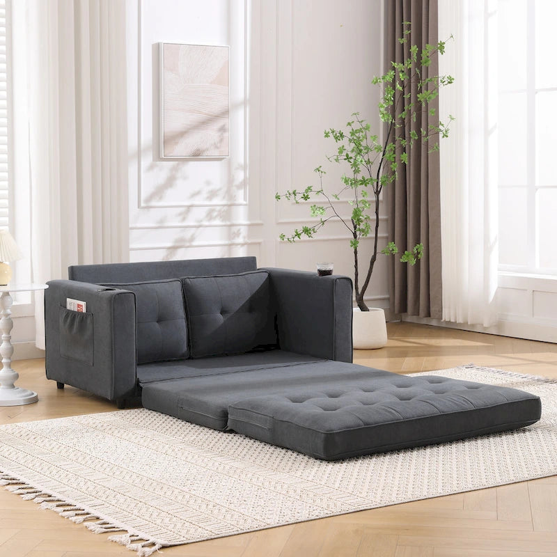 Tufted Folding Loveseat Sleeper Sofa with Side Pockets and Foam Cushions