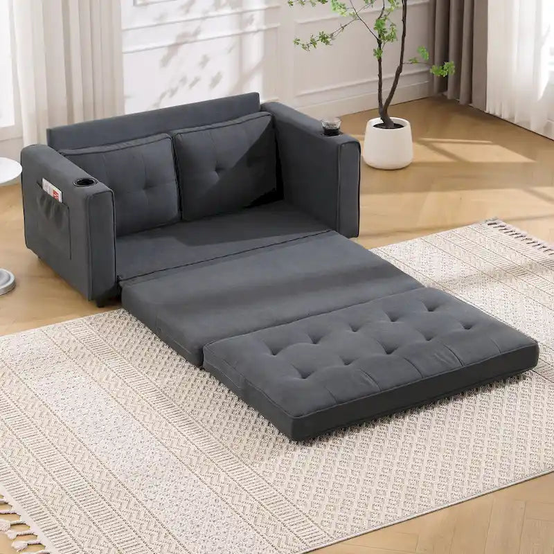 Tufted Folding Loveseat Sleeper Sofa with Side Pockets and Foam Cushions