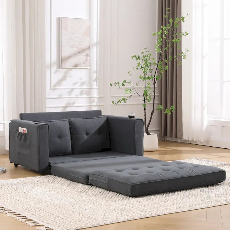 Tufted Folding Loveseat Sleeper Sofa with Side Pockets and Foam Cushions