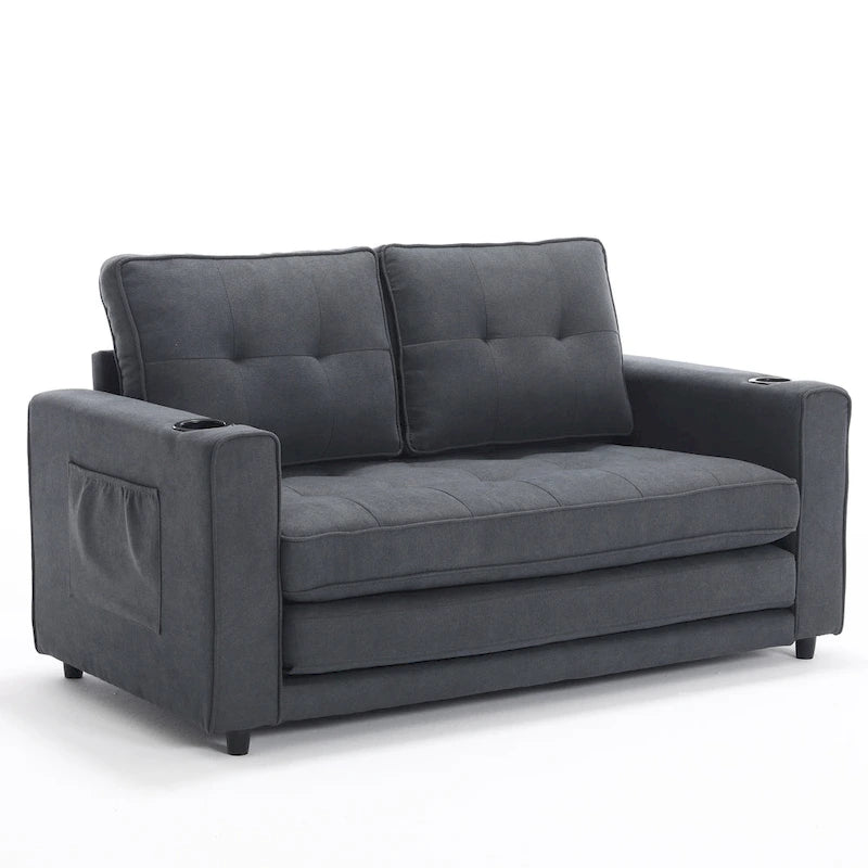 Tufted Folding Loveseat Sleeper Sofa with Side Pockets and Foam Cushions