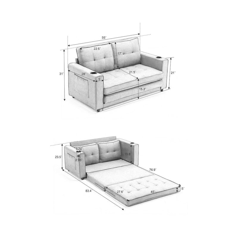 Tufted Folding Loveseat Sleeper Sofa with Side Pockets and Foam Cushions