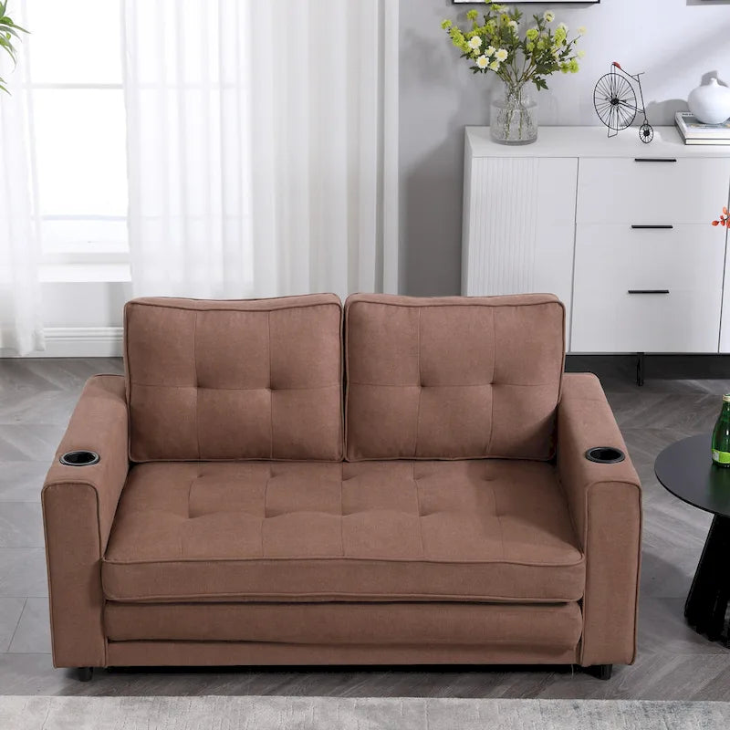 Tufted Folding Loveseat Sleeper Sofa with Side Pockets and Foam Cushions