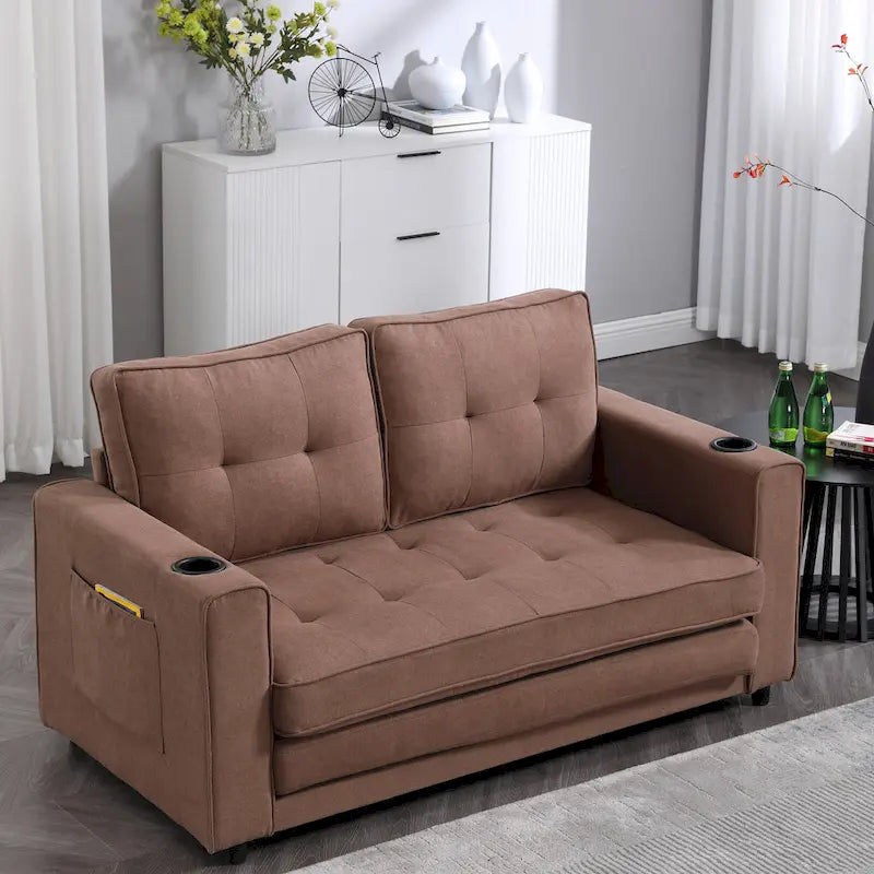 Tufted Folding Loveseat Sleeper Sofa with Side Pockets and Foam Cushions