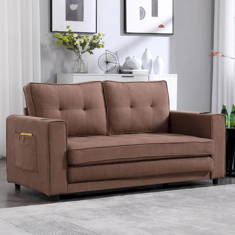 Tufted Folding Loveseat Sleeper Sofa with Side Pockets and Foam Cushions