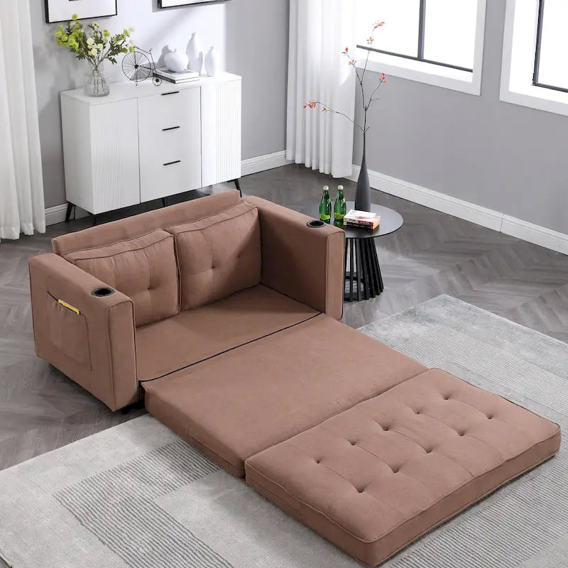 Tufted Folding Loveseat Sleeper Sofa with Side Pockets and Foam Cushions