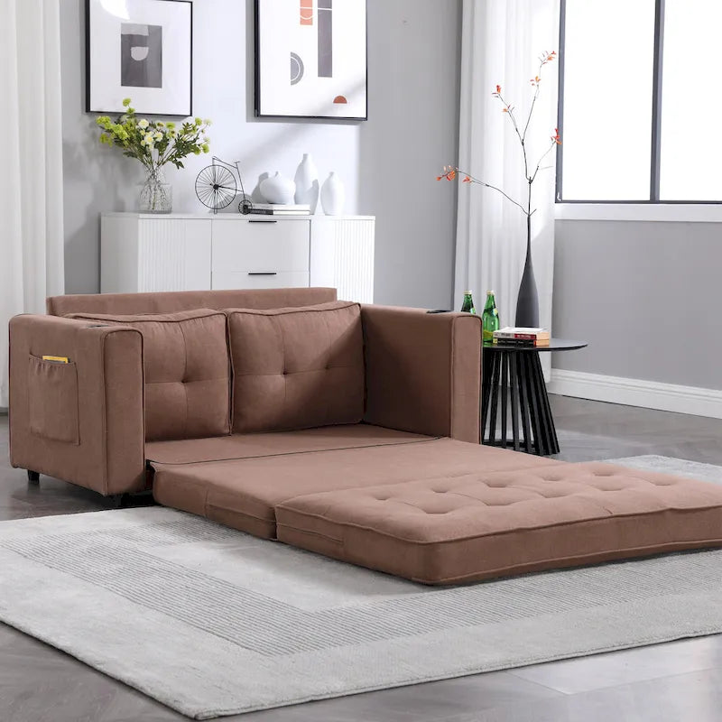 Tufted Folding Loveseat Sleeper Sofa with Side Pockets and Foam Cushions