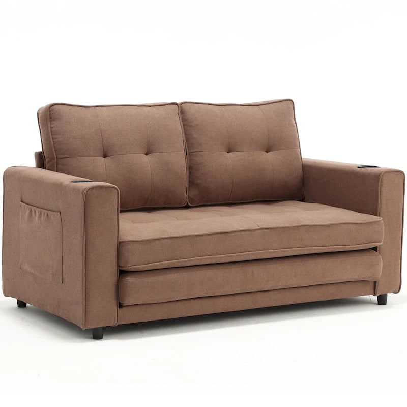 Tufted Folding Loveseat Sleeper Sofa with Side Pockets and Foam Cushions