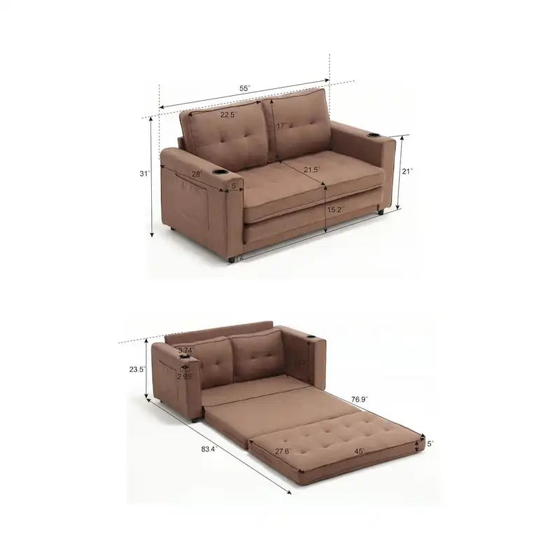 Tufted Folding Loveseat Sleeper Sofa with Side Pockets and Foam Cushions