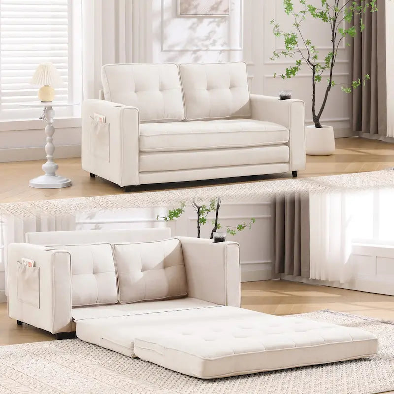 Tufted Folding Loveseat Sleeper Sofa with Side Pockets and Foam Cushions