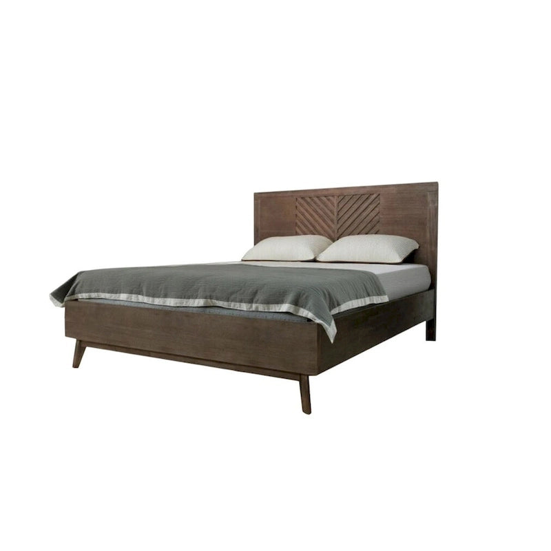 Struttura letto king size a piattaforma in legno massello di acacia marrone con intagli geometrici