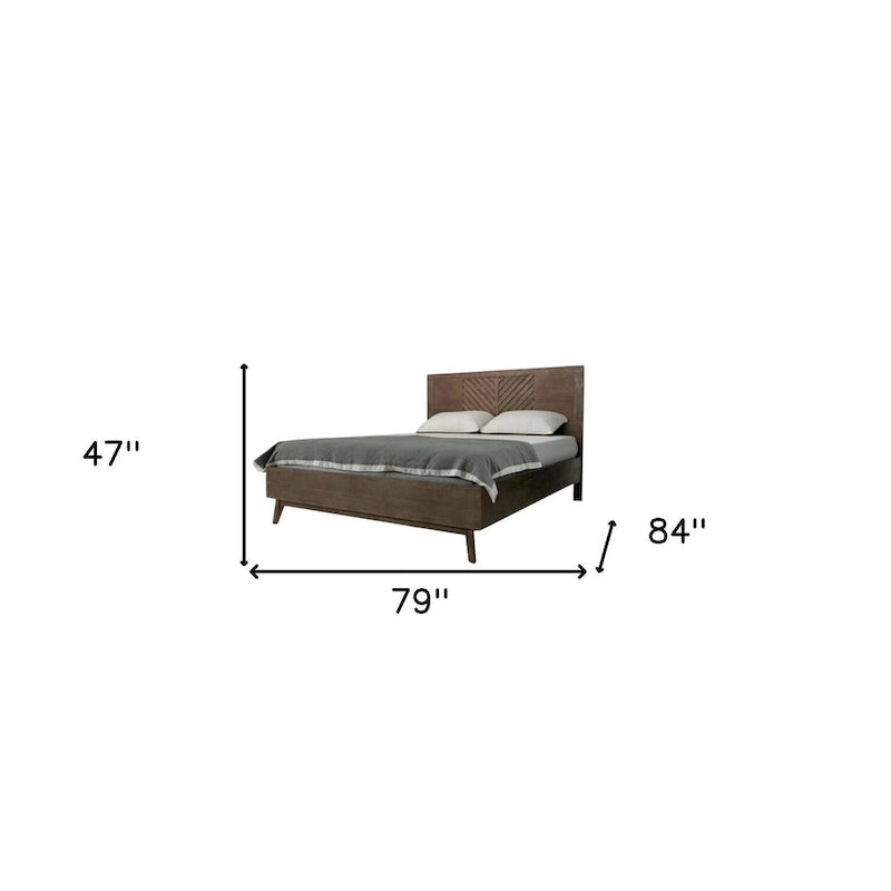 Struttura letto king size a piattaforma in legno massello di acacia marrone con intagli geometrici