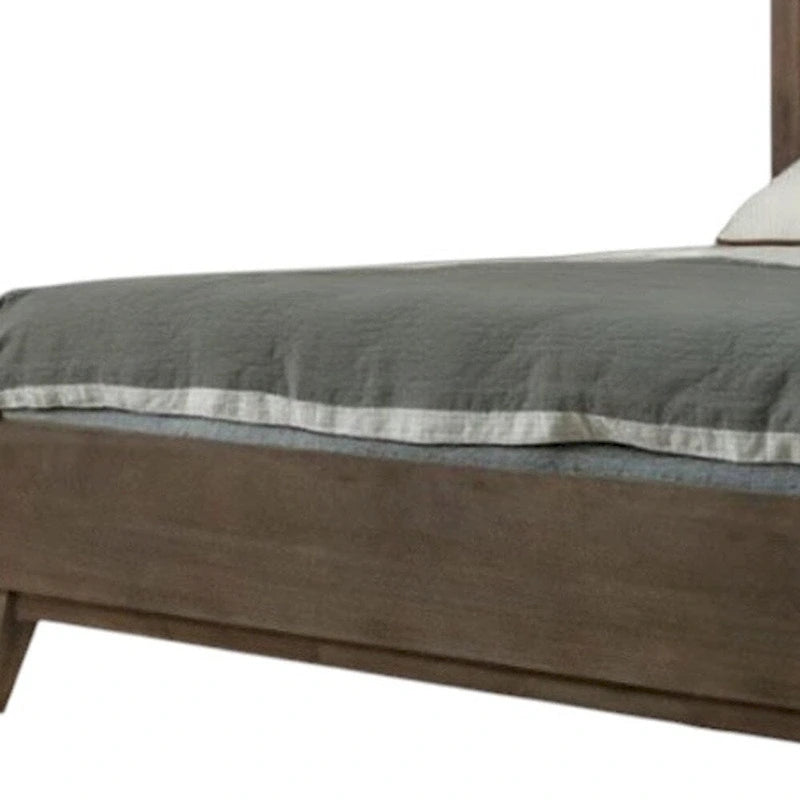 Struttura letto king size a piattaforma in legno massello di acacia marrone con intagli geometrici