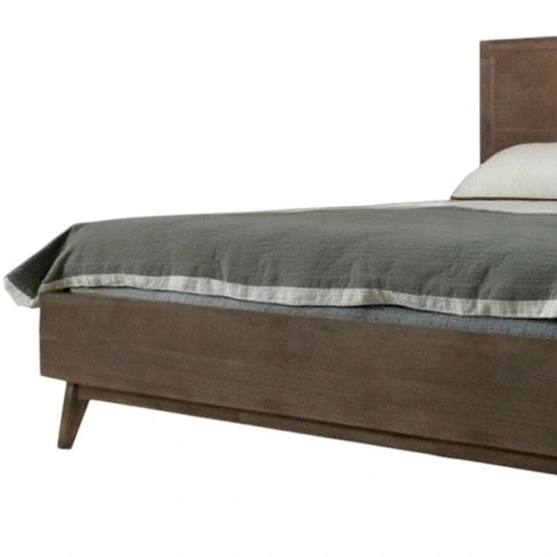 Struttura letto king size a piattaforma in legno massello di acacia marrone con intagli geometrici