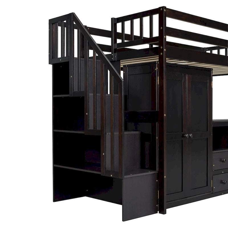 Letto a soppalco multifunzionale con scala contenitore, libreria, scrittoio e guardaroba
