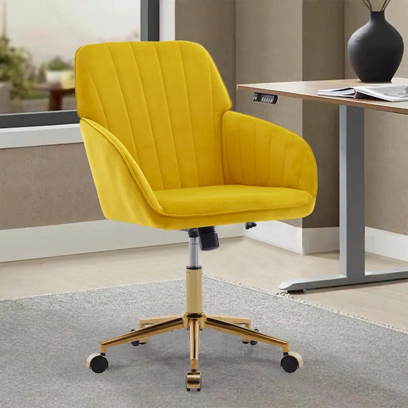 Bright Yellow Velvet Swivel Office Chair with Gold Base