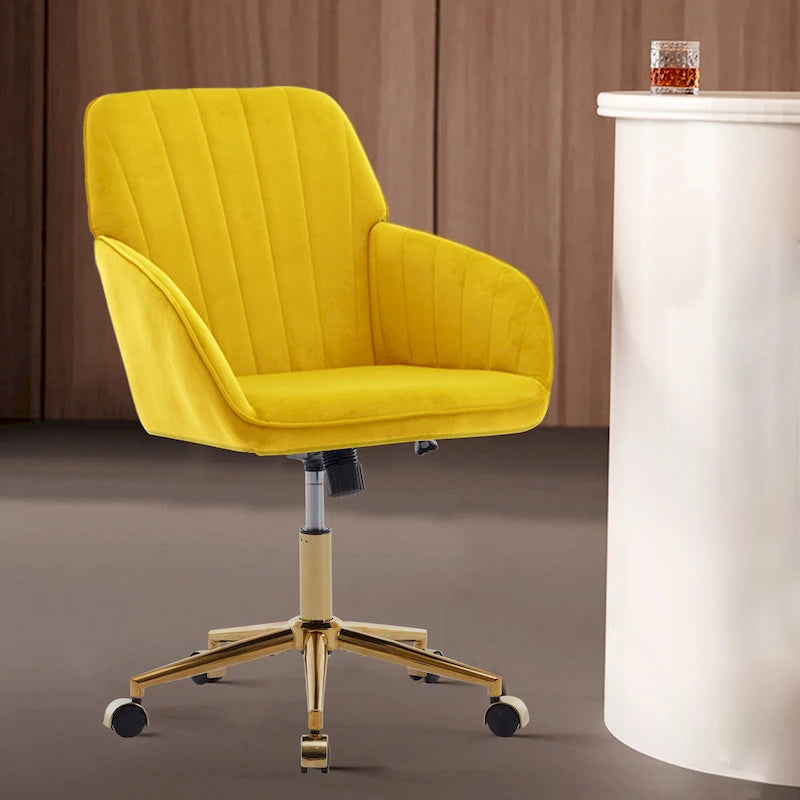 Bright Yellow Velvet Swivel Office Chair with Gold Base