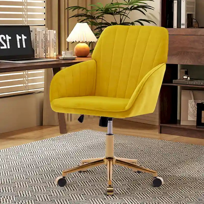 Bright Yellow Velvet Swivel Office Chair with Gold Base