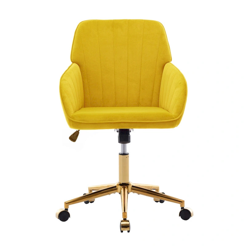 Bright Yellow Velvet Swivel Office Chair with Gold Base