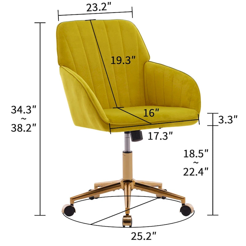 Bright Yellow Velvet Swivel Office Chair with Gold Base