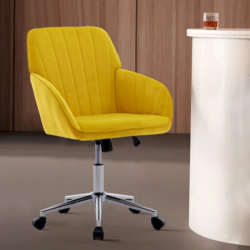 Bright Yellow Velvet Swivel Office Chair with Gold Base