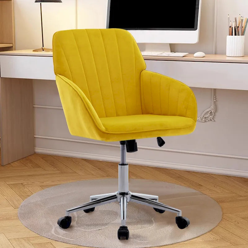 Bright Yellow Velvet Swivel Office Chair with Gold Base
