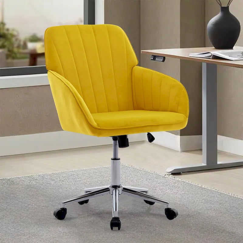 Bright Yellow Velvet Swivel Office Chair with Gold Base