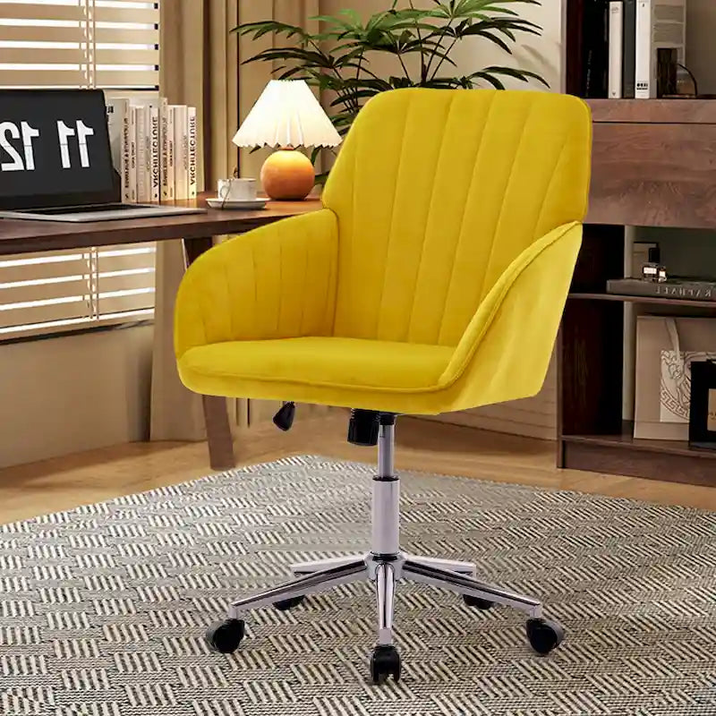 Bright Yellow Velvet Swivel Office Chair with Gold Base