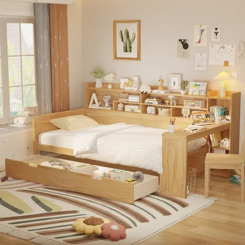 Letto singolo in legno naturale con cassetti e ripiani integrati nella scrivania