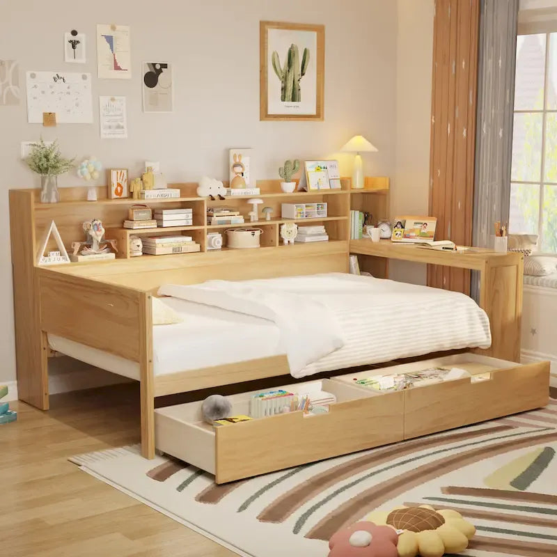 Letto singolo in legno naturale con cassetti e ripiani integrati nella scrivania