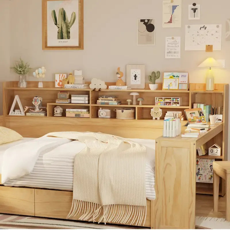 Letto singolo in legno naturale con cassetti e ripiani integrati nella scrivania