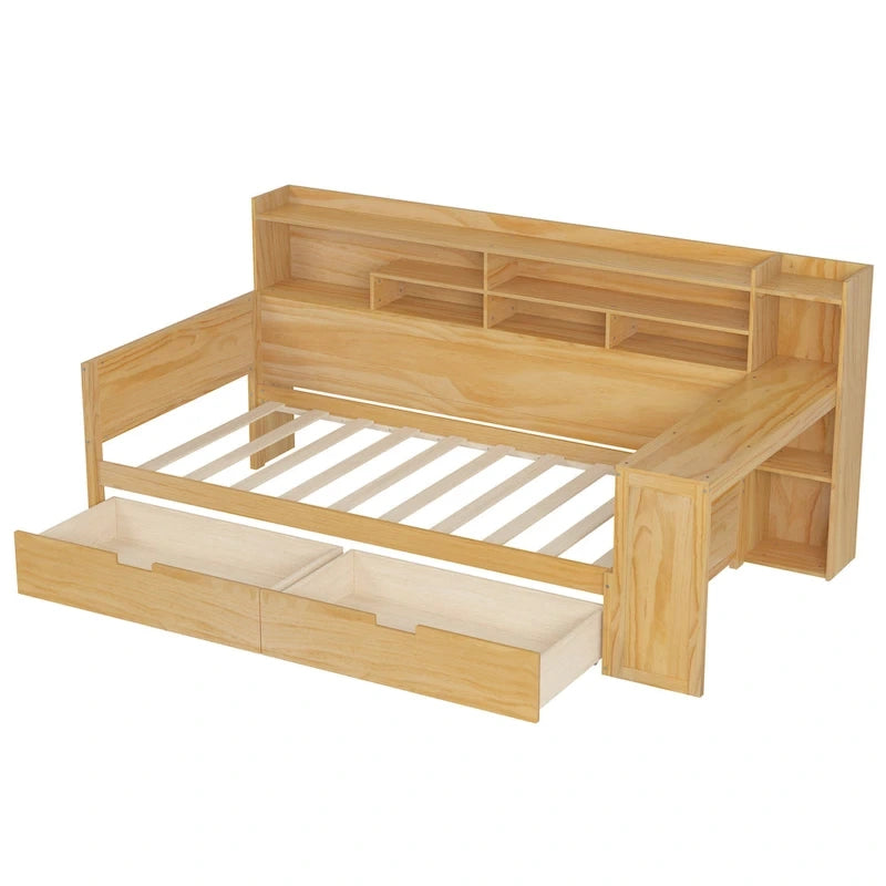 Letto singolo in legno naturale con cassetti e ripiani integrati nella scrivania