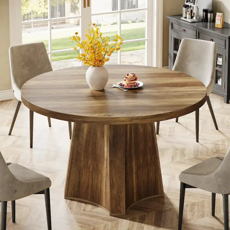 Brown Round Farmhouse Dining Table Wooden Kitchen Table for 4-6 People