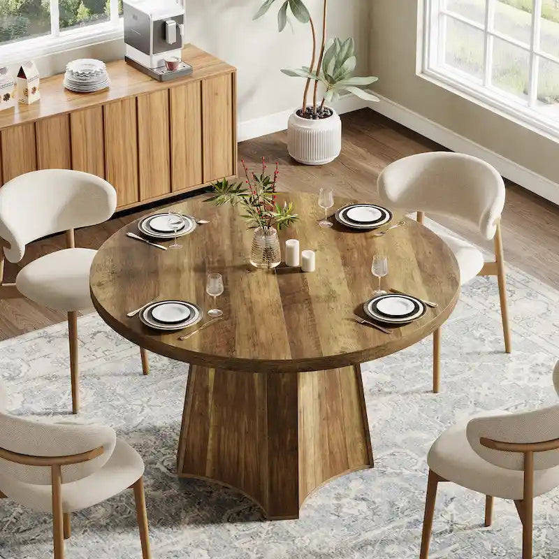 Brown Round Farmhouse Dining Table Wooden Kitchen Table for 4-6 People