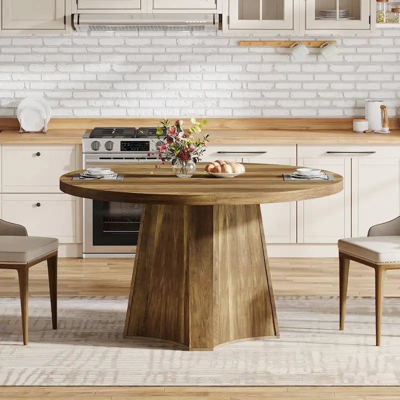 Brown Round Farmhouse Dining Table Wooden Kitchen Table for 4-6 People