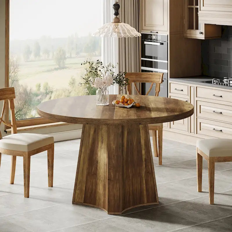 Brown Round Farmhouse Dining Table Wooden Kitchen Table for 4-6 People