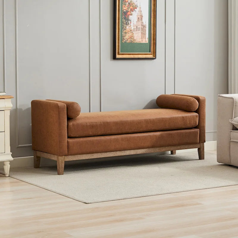 Upholstered Bedroom Bench with Bolster Pillows and Weathered Wood Legs