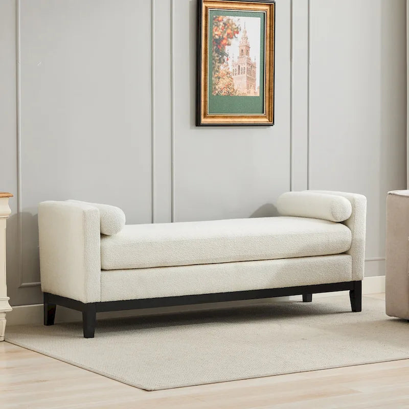 Upholstered Bedroom Bench with Bolster Pillows and Weathered Wood Legs