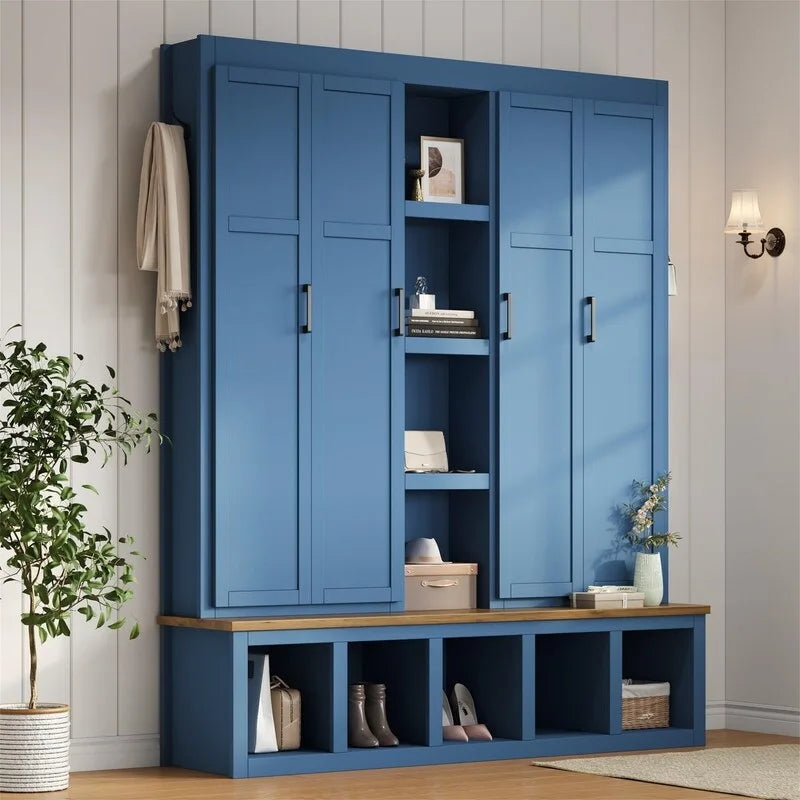 Wood Grain Entryway Hall Tree with Bench and Six Hooks