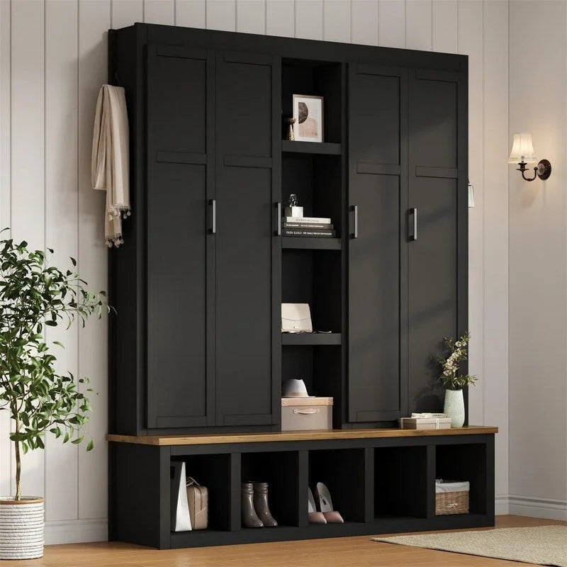 Farmhouse 4-in-1 Hall Tree with Open Display Shelves, Mudroom Shoe Bench with Open Compartments, Entryway Coat Rack with 6 Hooks