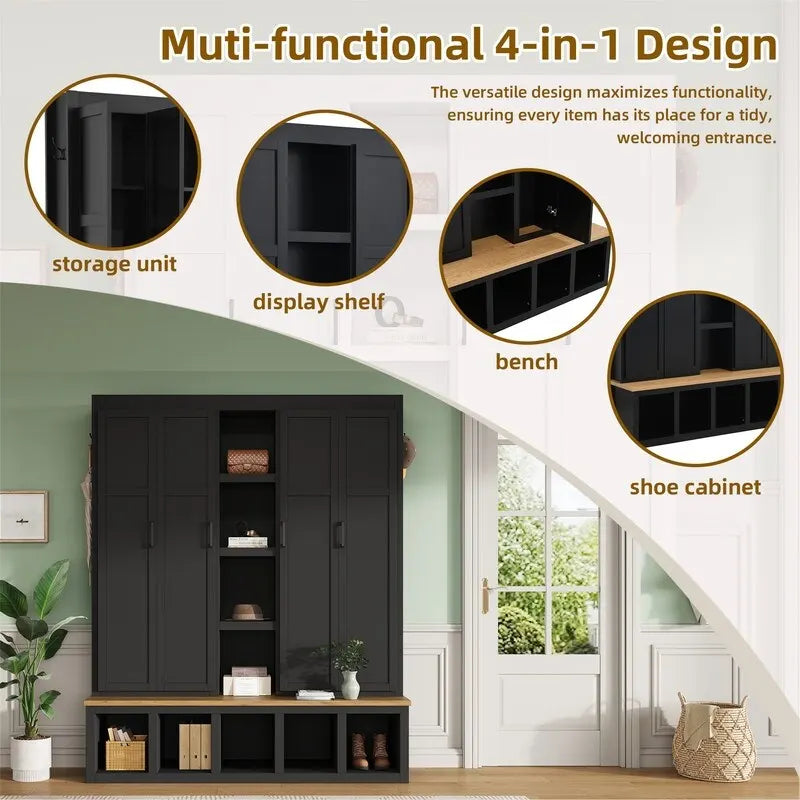 Wood Grain Entryway Hall Tree with Bench and Six Hooks