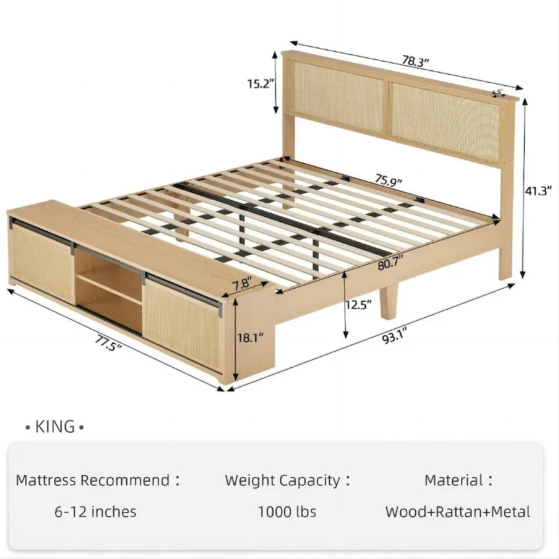 Letto in rattan naturale con contenitore nella pediera ad ante scorrevoli stile fienile