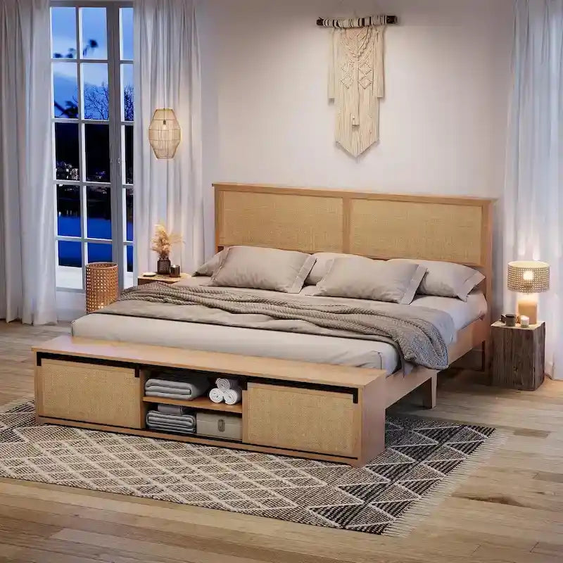 Bettgestell aus natürlichem Rattan mit Stauraum im Fußteil mit Schiebetür im Scheunentor-Stil