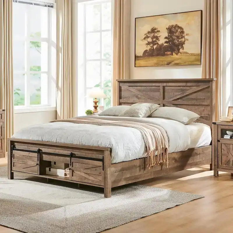 Struttura letto in legno marrone caldo stile rustico con contenitore ad ante scorrevoli tipo fienile