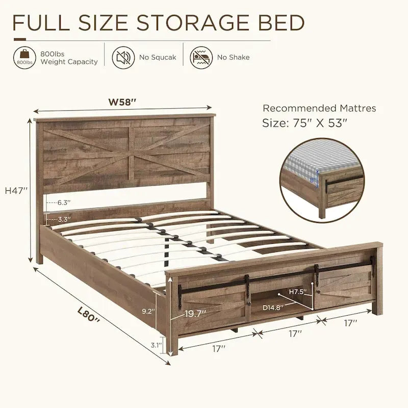 Struttura letto in legno marrone caldo stile rustico con contenitore ad ante scorrevoli tipo fienile
